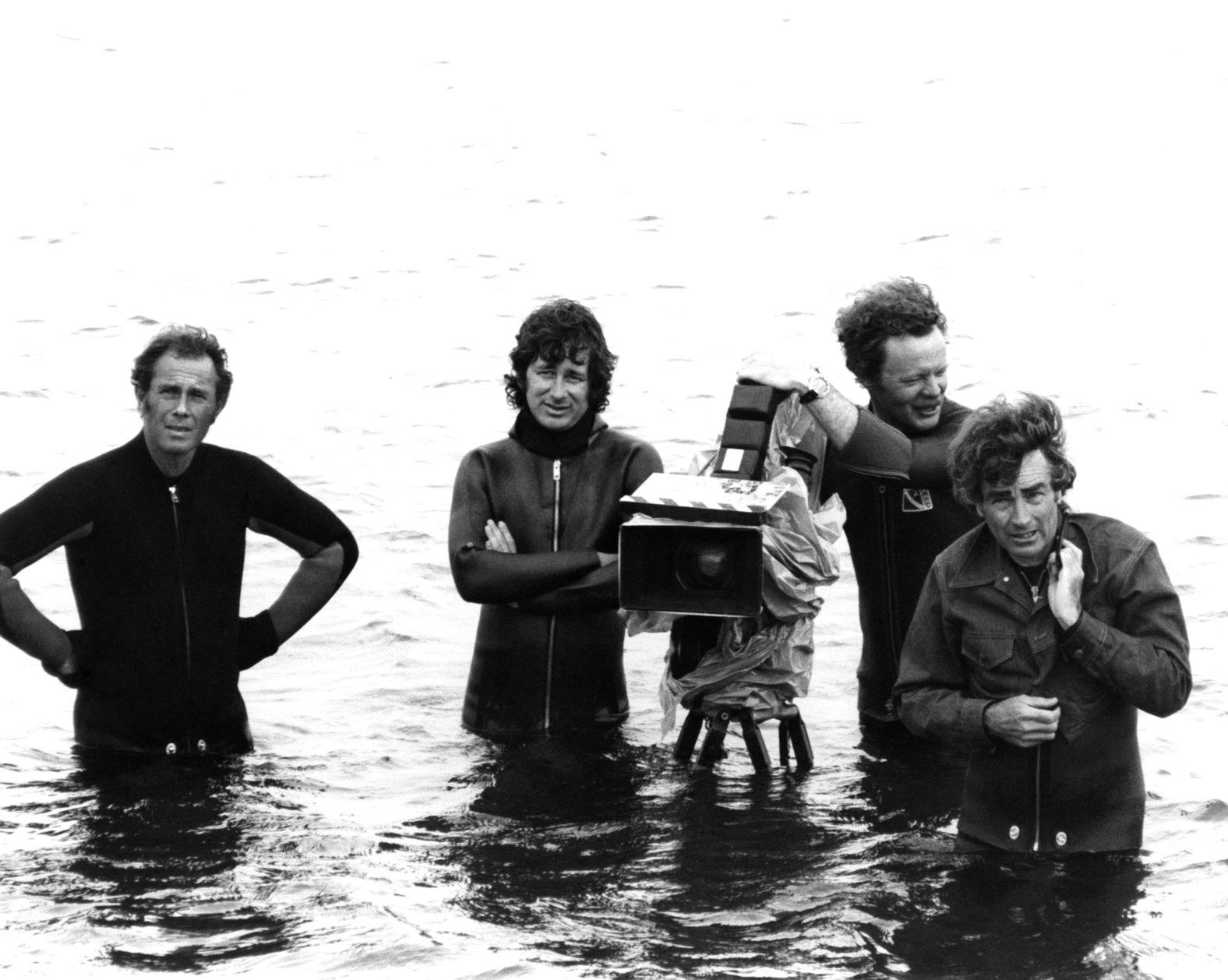 Spielberg, second from left, and his crew get chilly filming an underwater scene off the coast of Massachusetts.