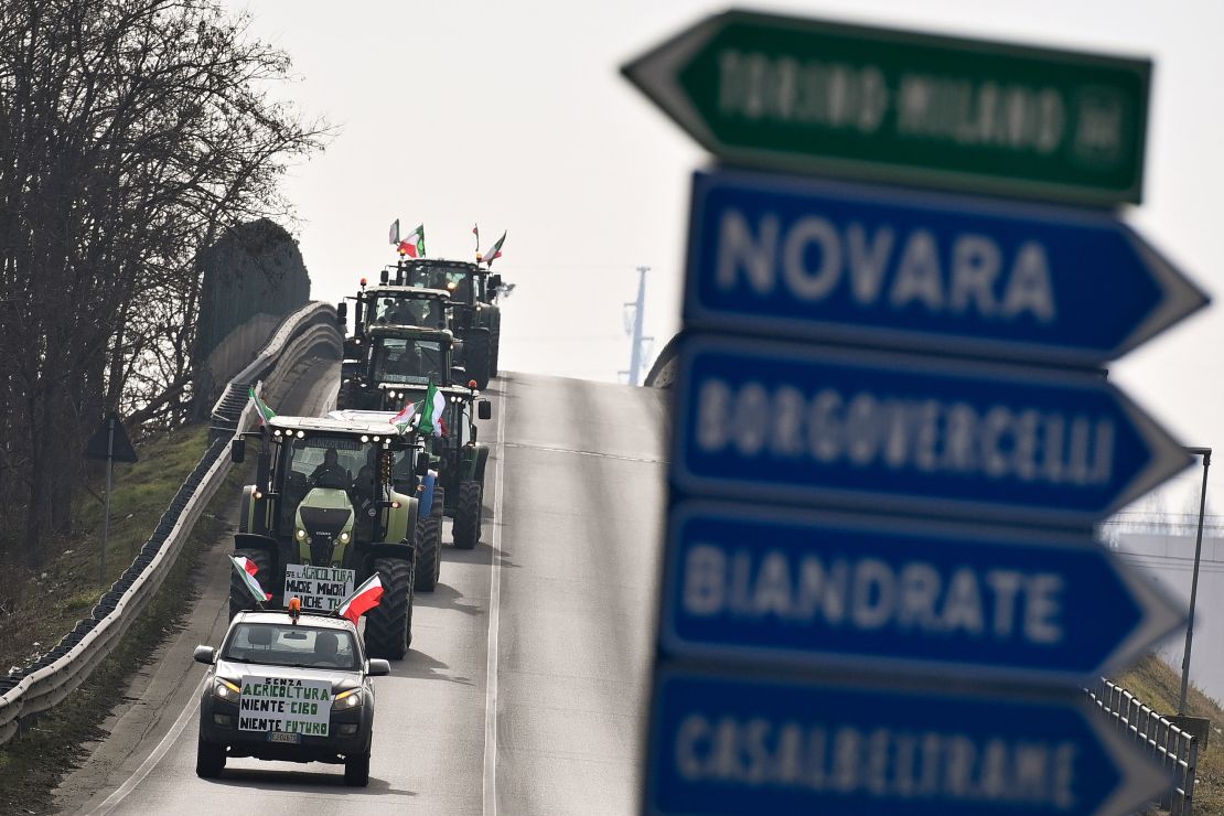 Tractors take part in the Farmer's Protest on January 31 in Novara, Italy.