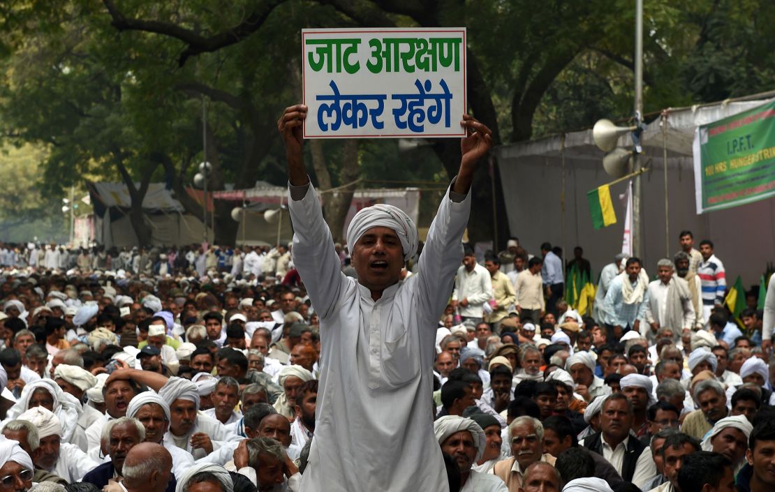 A member of the Jat caste attends a protest demanding the expansion of their rights in New Delhi in 2017.