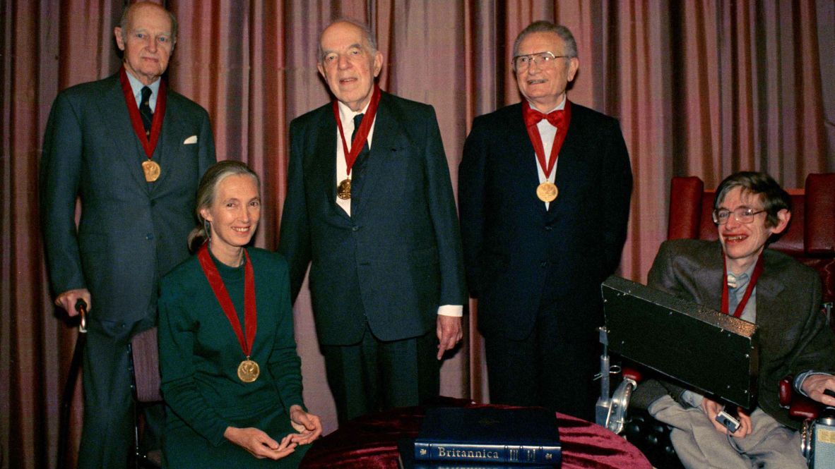 Goodall attends a Britannica Awards ceremony in New York in 1989. With her, from left, are diplomat George F. Kennan, art historian Ernst Gombrich, economist Paul Samuelson and astrophysicist Stephen Hawking.