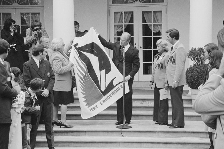 President Gerald Ford is joined by the Broward County Florida bicentennial delegation at the White House, on March 4, 1976.