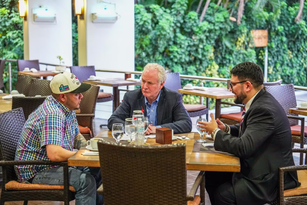 Images posted on X by El Salvador's president Nayib Bukele shows US Sen. Chris Van Hollen meeting with Kilmar Armando Abrego Garcia. Van Hollen said Salvadoran government officials had placed the additional glasses on the table and the two men did not take a sip.