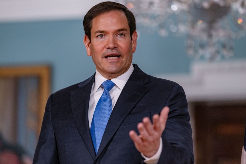US Secretary of State Marco Rubio answers reporter questions in the Treaty Room of the State Department on August 6.