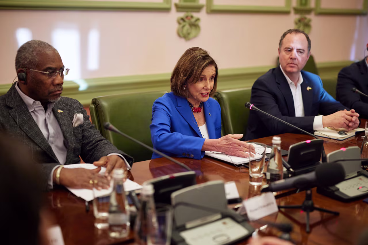 US Speaker of the House Nancy Pelosi, center, talks during her meeting with Ukrainian President Volodymyr Zelenskyy in Kyiv, Ukraine, on Saturday, April 30.