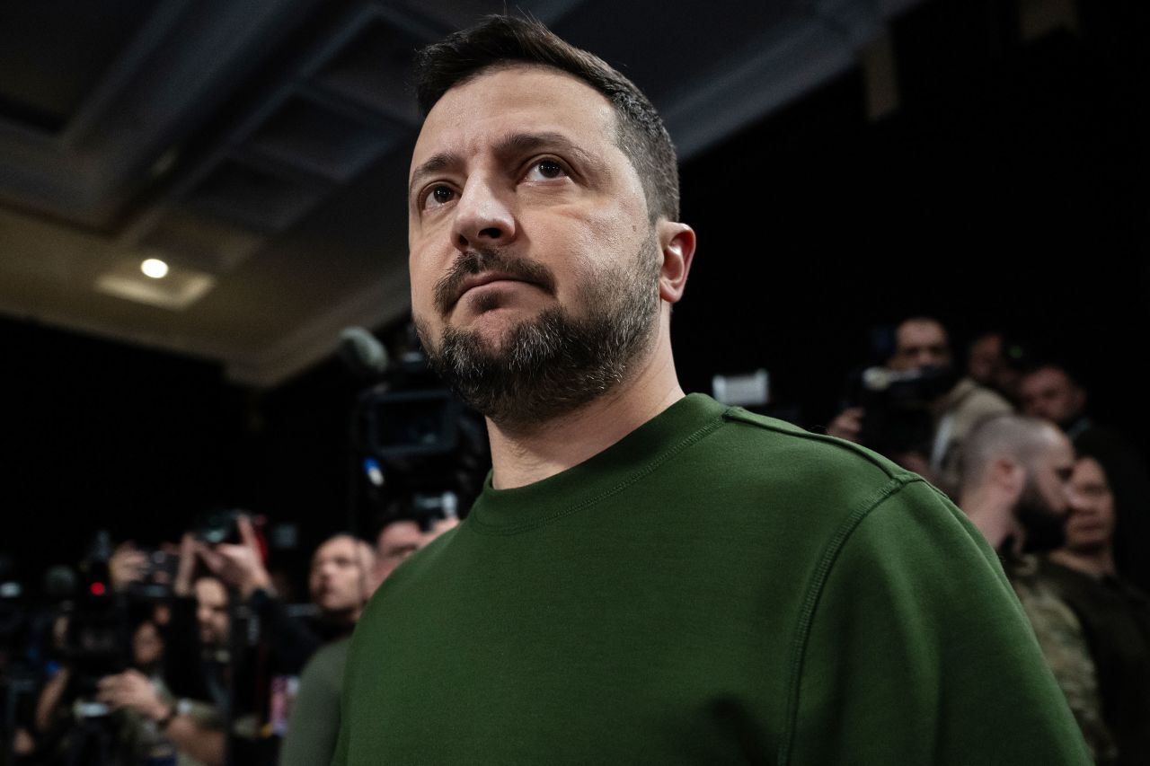 Ukrainian President Volodymyr Zelensky arrives at a press conference in Kyiv, Ukraine, on February 25. 