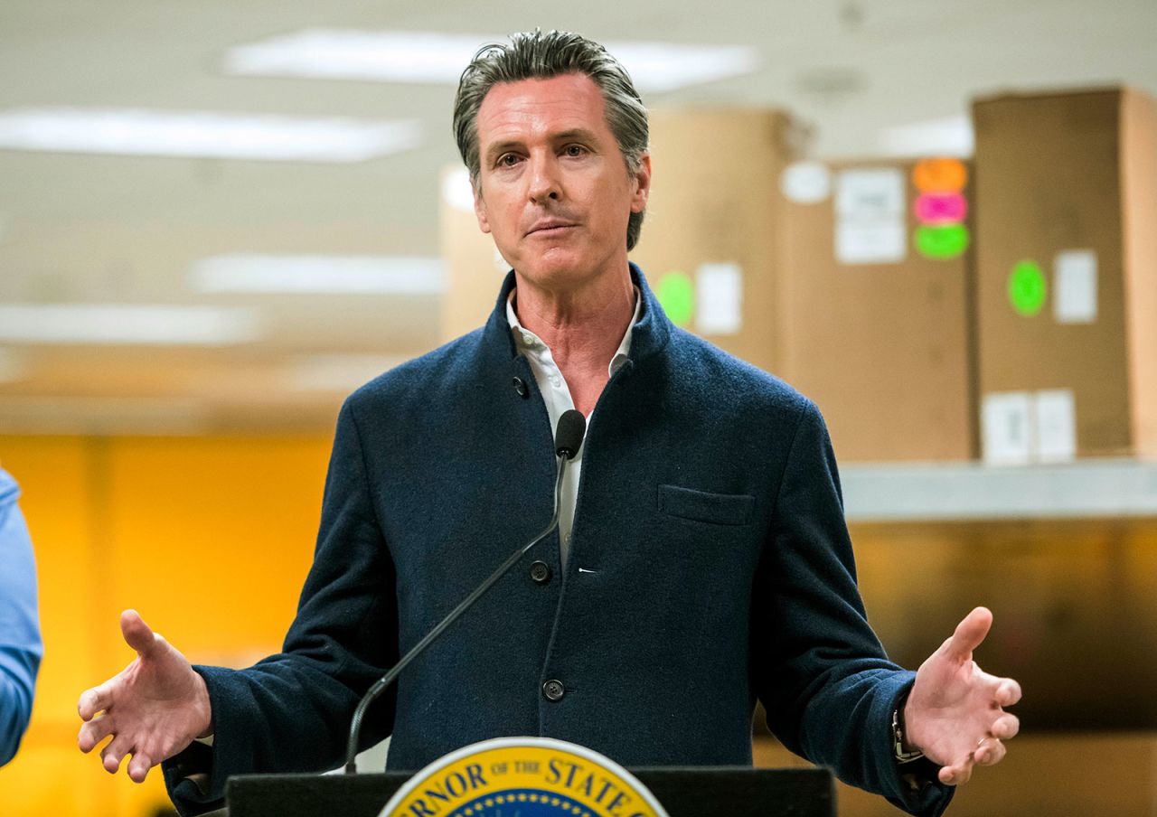 California Gov. Gavin Newsom speaks during a news conference at the Bloom Energy campus in Sunnyvale, California, on Saturday, March 28.