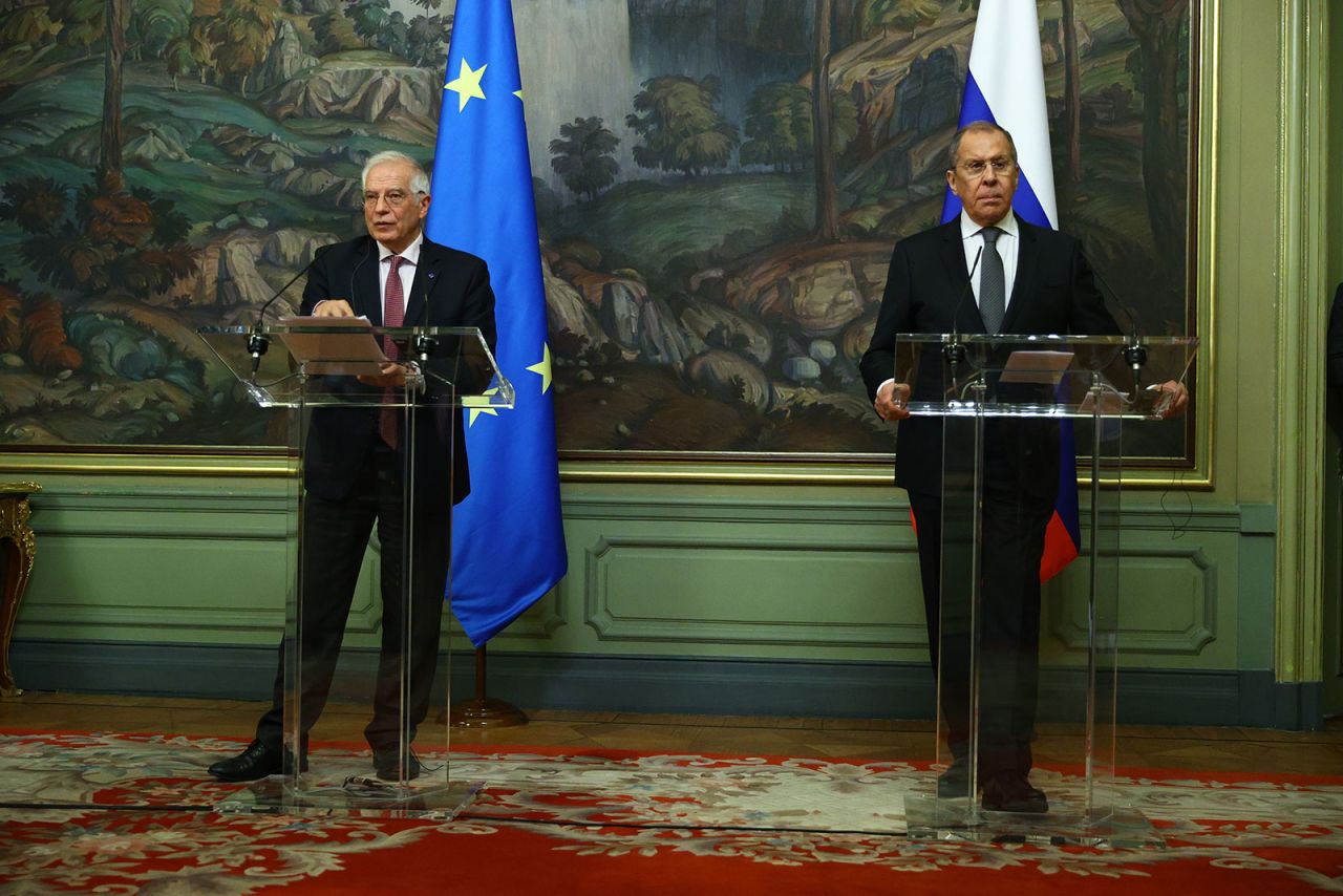 From left, Josep Borell and Russian Foreign Minister Sergey Lavrov hold a joint press conference in Moscow on February 5. 