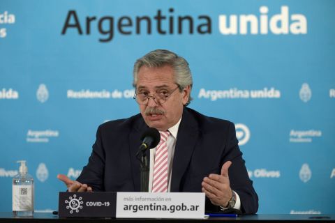 President of Argentina Alberto Fernandez speaks during a press conference on August 12 in Olivos, Argentina. 