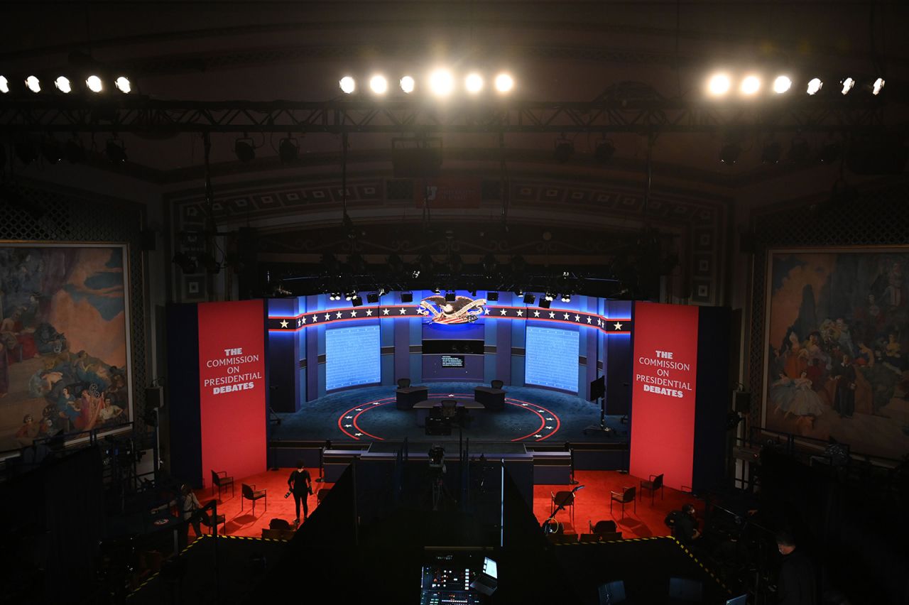 The stage is set ahead of the vice presidential debate in Kingsbury Hall of the University of Utah October 7, in Salt Lake City.