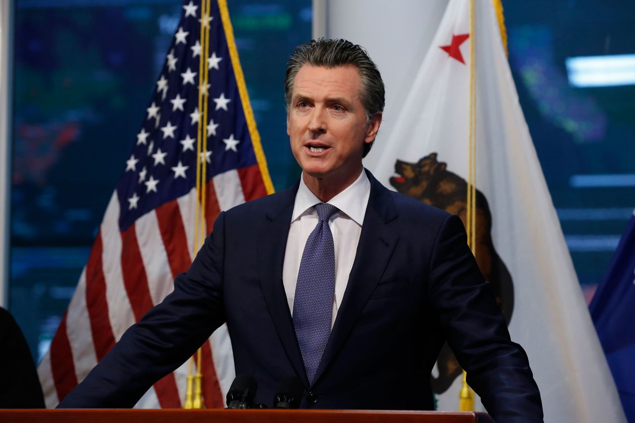 Gov. Gavin Newsom updates California's response to the coronavirus at the Governor's Office of Emergency Services in Rancho Cordova, California, on Monday, March 23.