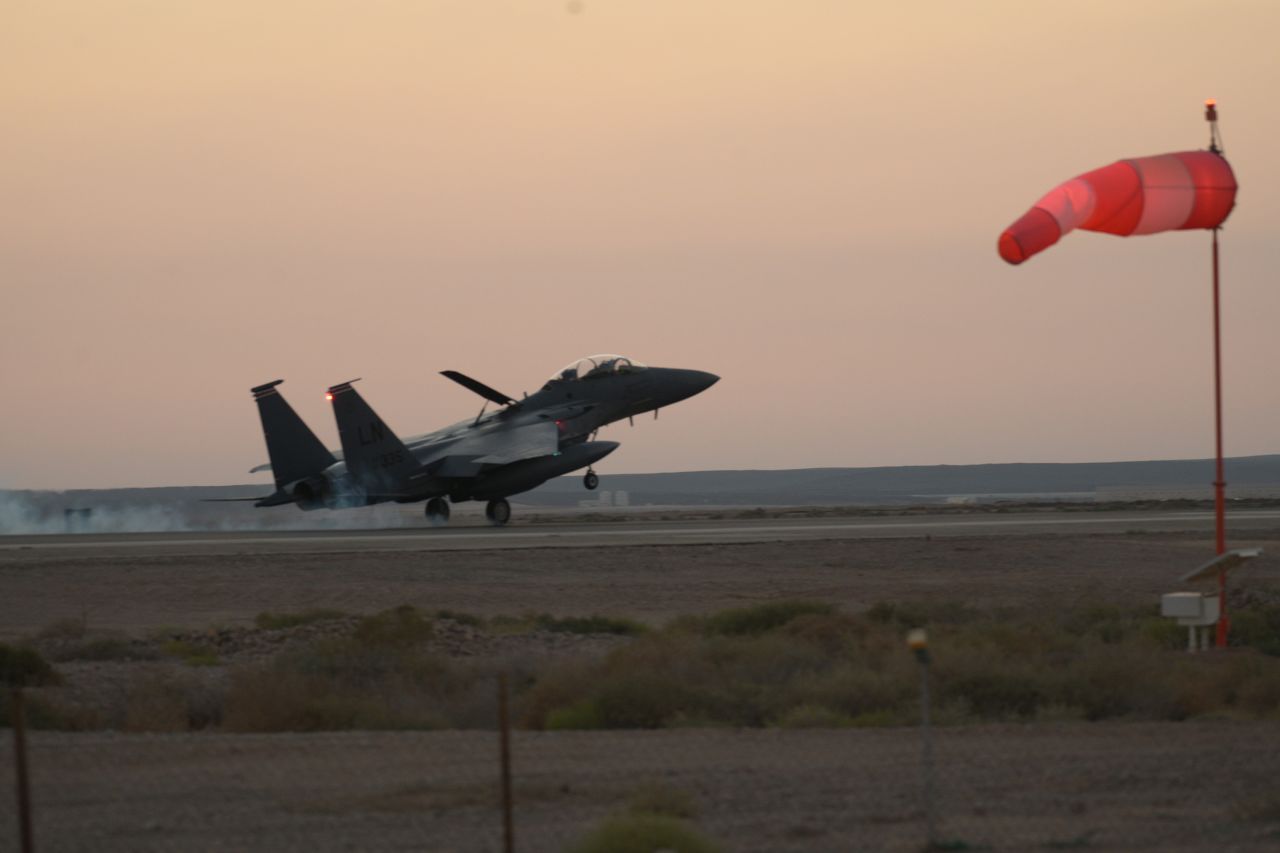 A U.S. Air Force F-15E Strike Eagle assigned to the 494th Expeditionary Fighter Squadron "Mighty Black Panthers" lands in the U.S. Central Command area of operations on October 13, 2023.