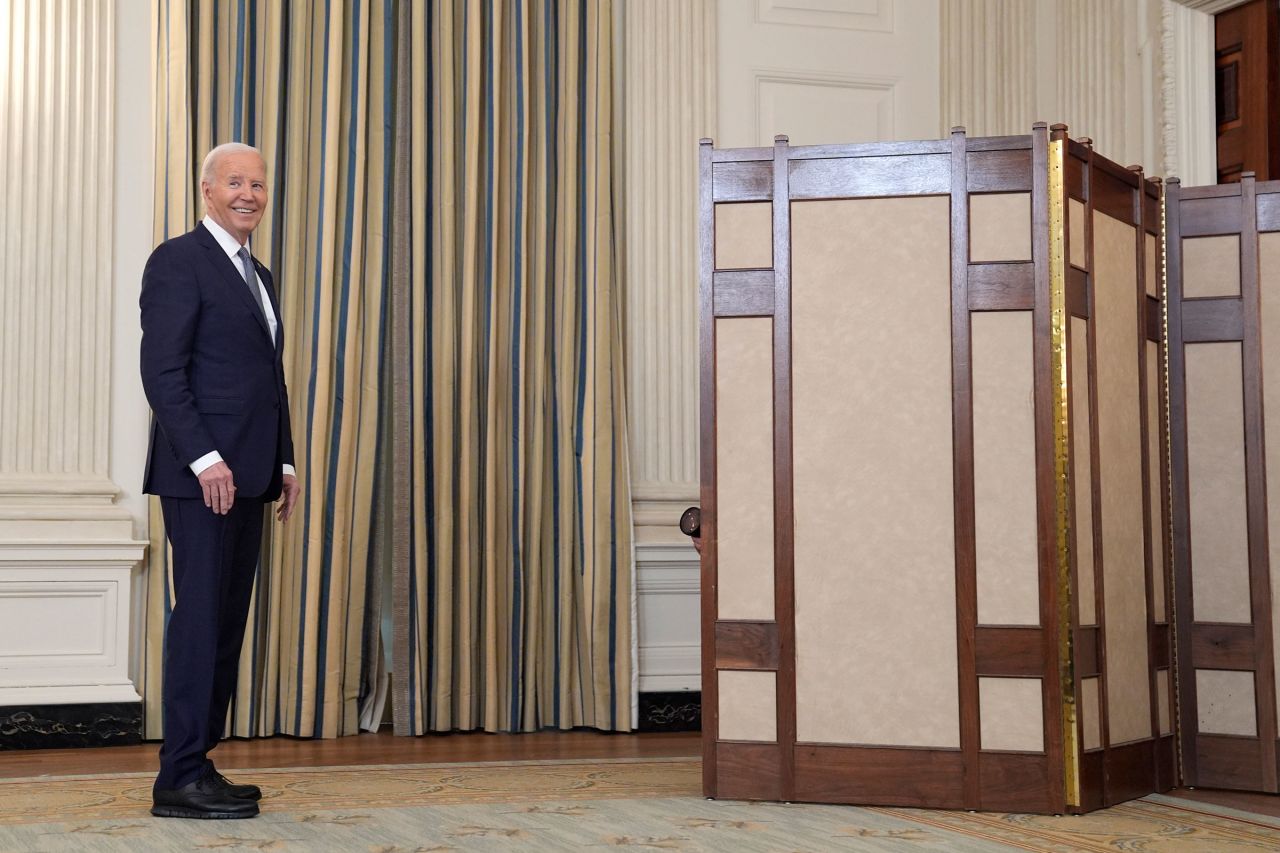 President Joe Biden pauses while leaving after delivering remarks on the verdict in former President Donald Trump's hush money trial and on the Middle East on Friday in Washington, DC.