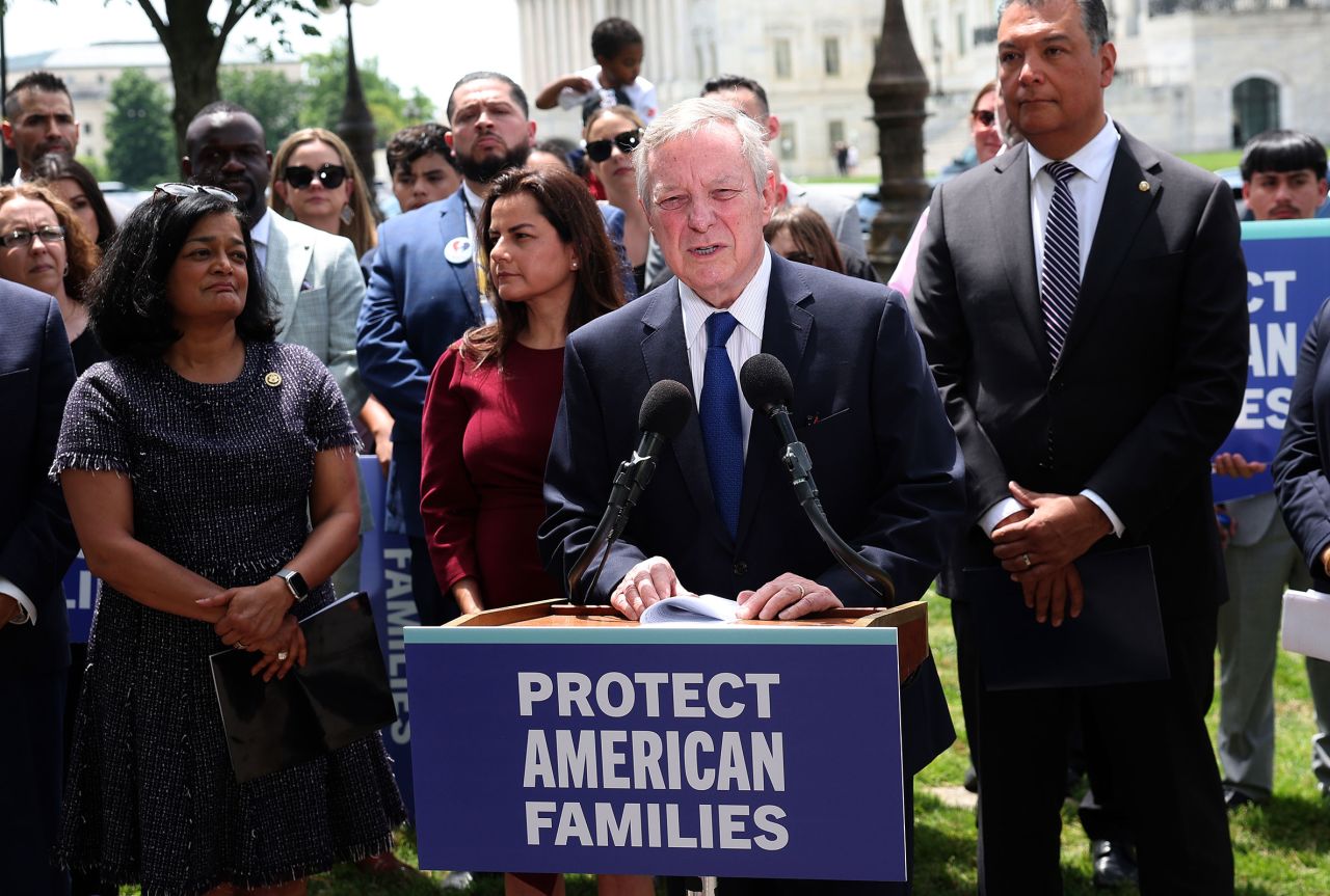 Senate Majority Whip Richard Durbin speaks alongside fellow lawmakers and immigration advocates during a press conference on protecting long-term undocumented residents, outside of the US  Capitol on May 8, 2024 in Washington, DC.