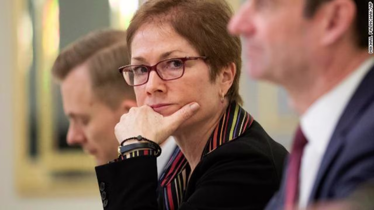 US Ambassador to Ukraine Marie Yovanovitch, center, is pictured in Kiev, Ukraine, on March 6, 2019. 