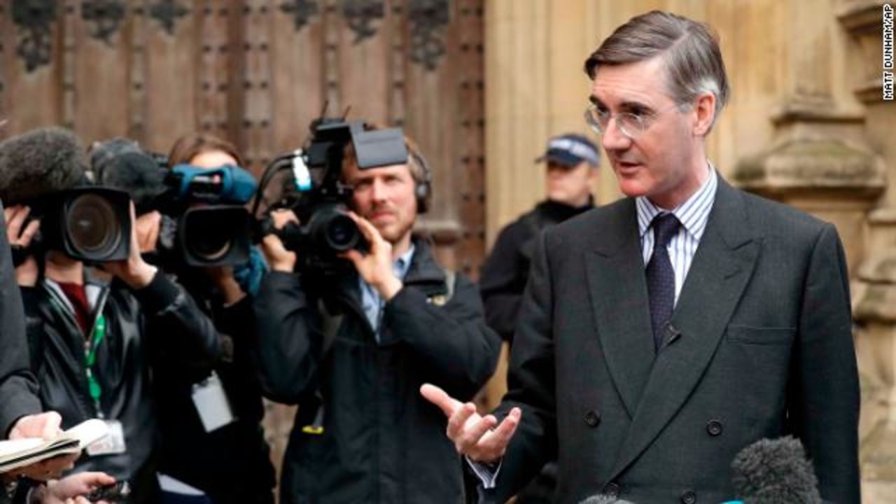 Jacob Rees-Mogg speaks to the media outside the UK Parliament on Thursday.