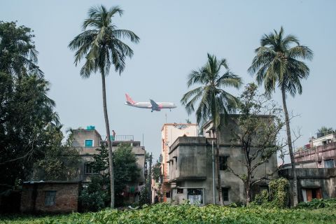 An Air India plane prepares to land at Netaji Subhas Chandra Bose International Airport in Kolkata, India, on December 6, 2020.