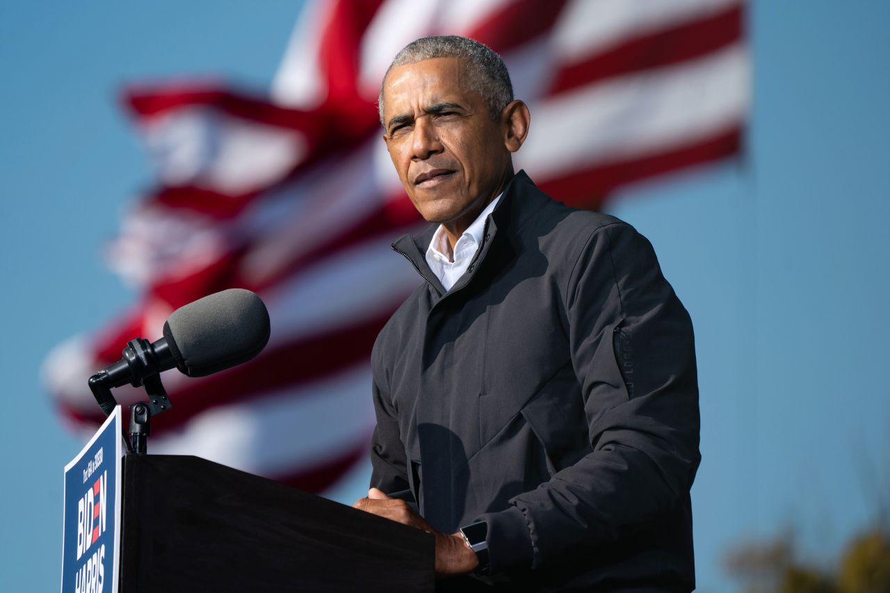 Former US President Barack Obama campaigns for then-presidential nominee Joe Biden in Atlanta on November 2, 2020.