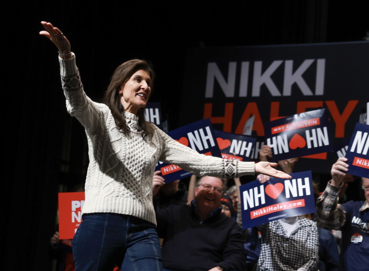 Nikki Haley walks on stage during a campaign event in Newmarket, New Hampshire, on Sunday.