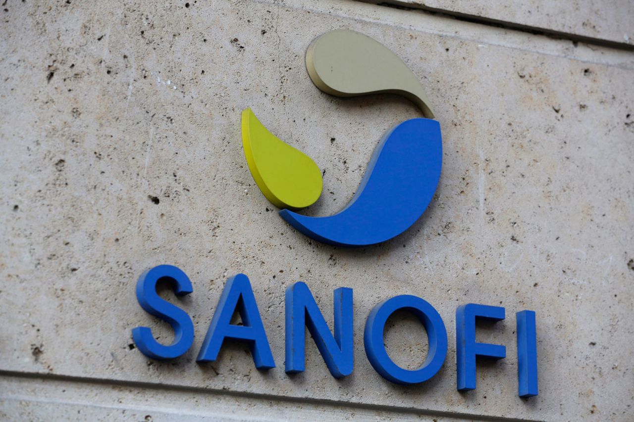 The logo of French drug maker Sanofi is pictured at the company's headquarters in Paris on November 30, 2020.