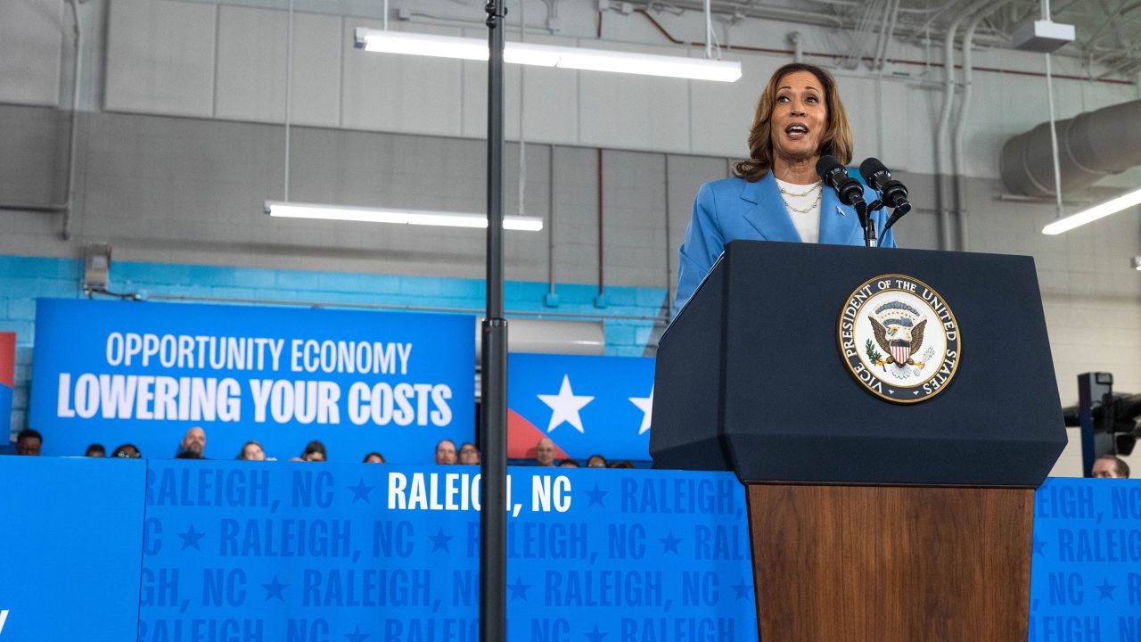 Vice President Kamala Harris speaks on her policy platform, including improving the cost of living for all Americans, at the Hendrick Center For Automotive Excellence on August 16, in Raleigh, North Carolina. 