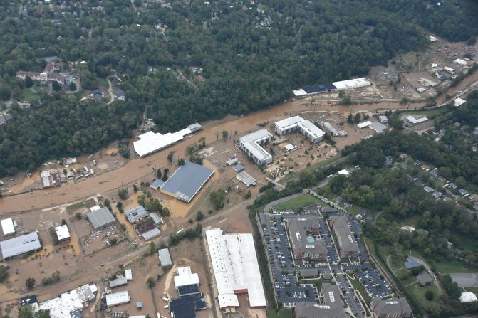 Floodwaters are seen in Asheville in this image <a href="https://x.com/NCAviation/status/1840202017333228036" target="_blank">released by the North Carolina Department of Transportation</a> on Saturday.