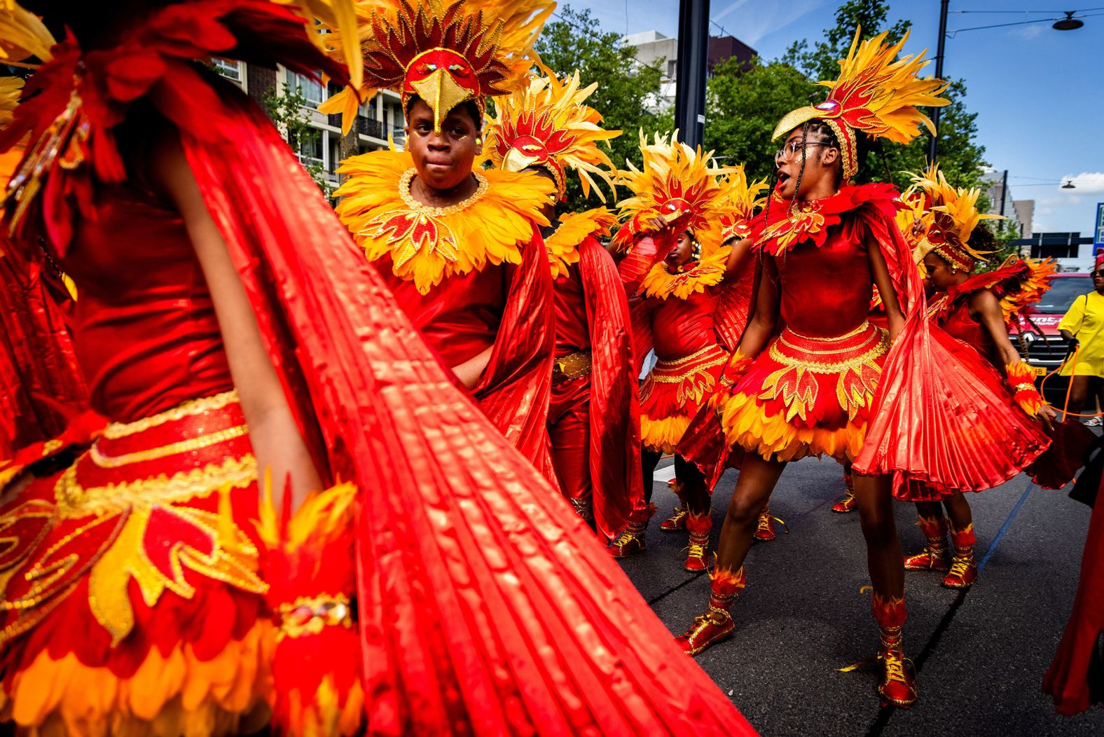 People wear costumes during the Rotterdam Unlimited Summer Carnival in Rotterdam, Netherlands, on Saturday, July 27.