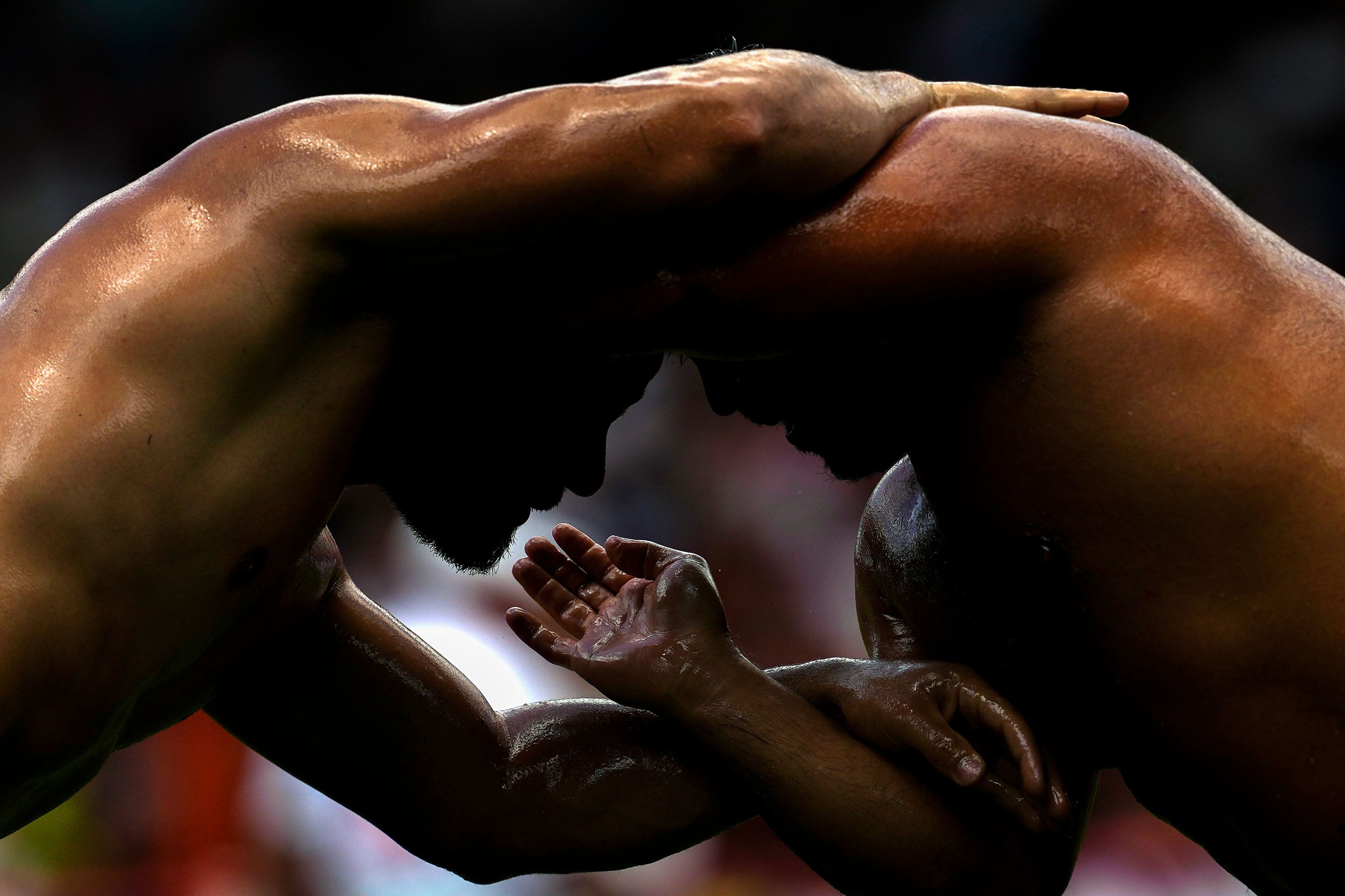 Wrestlers compete during the Kirkpinar Oil Wrestling Festival.