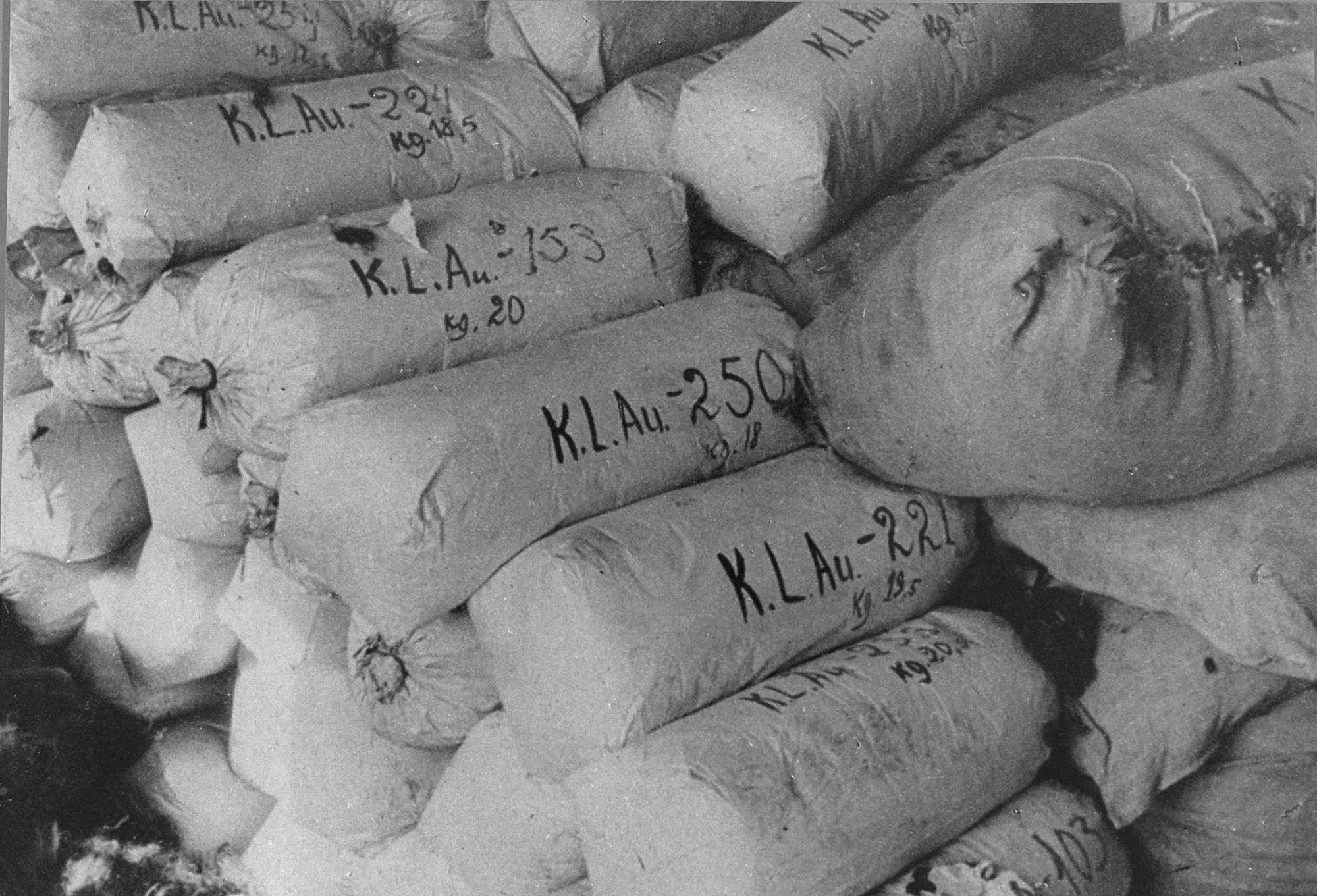 Bales of hair from female prisoners, numbered for shipment to Germany, were found after the camp's liberation.