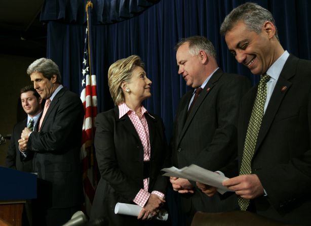 Walz talks with New York Sen. Hillary Clinton in Washington, DC, in 2007. Over more than a decade in Congress, Walz assembled a fairly centrist voting record. As a first-time campaigner, he opposed a ban on same-sex marriage and supported abortion rights. And once in Congress, he balanced that out with comparatively more conservative positions on gun rights, which resulted in him scoring a National Rifle Association endorsement. Walz has since fallen out of favor with the gun lobby over his support for gun safety actions as governor.