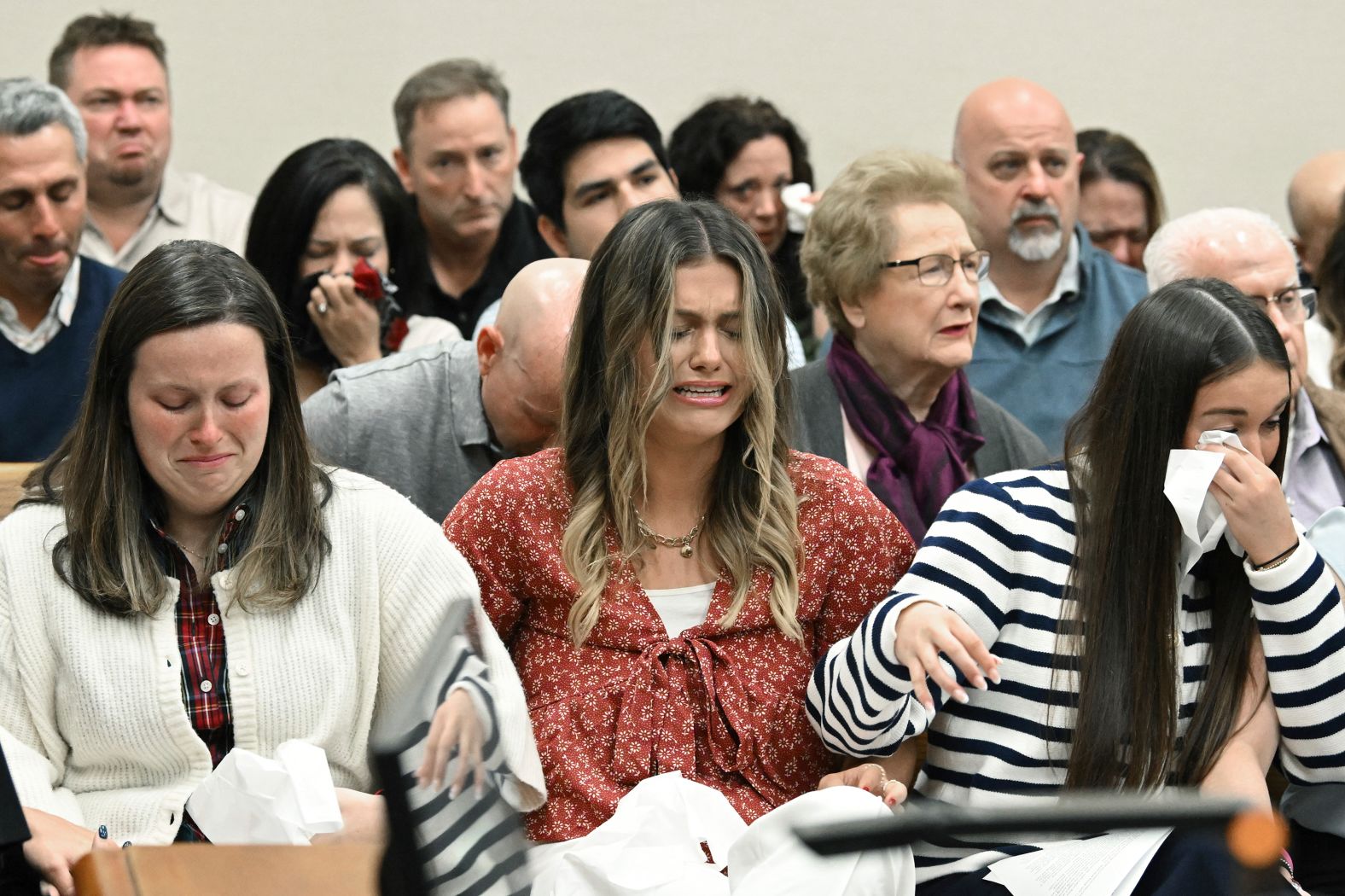 Family members and friends of Laken Riley react in a courtroom in Athens, Georgia, on Wednesday, November 20, as a judge announces a <a href="index.php?page=&url=https%3A%2F%2Fwww.cnn.com%2F2024%2F11%2F20%2Fus%2Fjose-ibarra-laken-riley-murder-trial%2Findex.html">guilty verdict</a> in the man accused of killing her. Jose Ibarra, a 26-year-old undocumented migrant from Venezuela, was convicted on a total of 10 charges, including murder, kidnapping with bodily injury, aggravated assault with intent to rape, and tampering with evidence. He was sentenced to life without parole in a case that reignited the national debate over immigration and crime. Riley, a nursing student at Augusta University’s Athens campus, was found dead February 22 in a wooded area near the University of Georgia trail she often visited. She was struck in the head with a rock several times and asphyxiated, according to court documents.