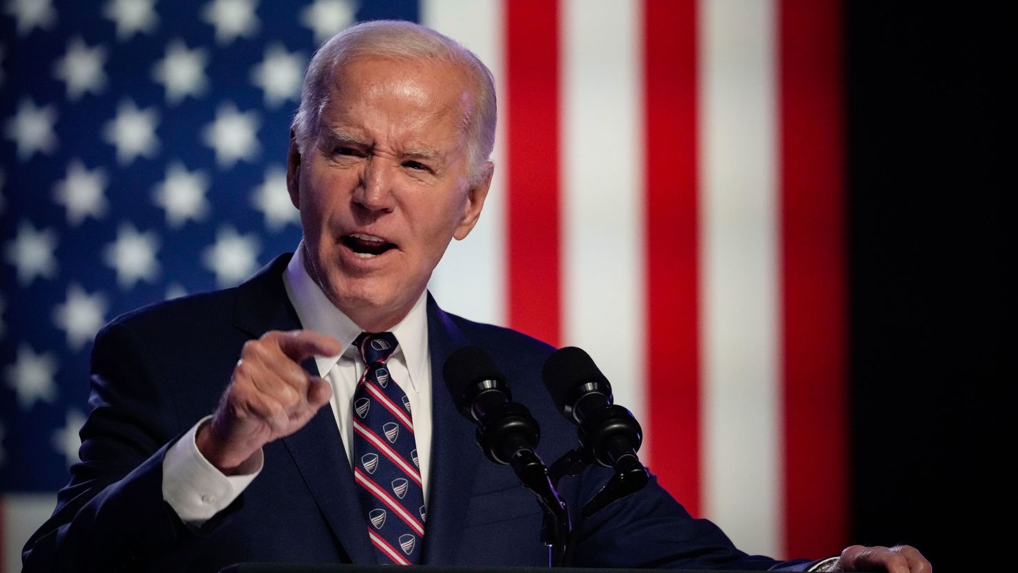 U.S. President Joe Biden speaks during a campaign event at Montgomery County Community College.