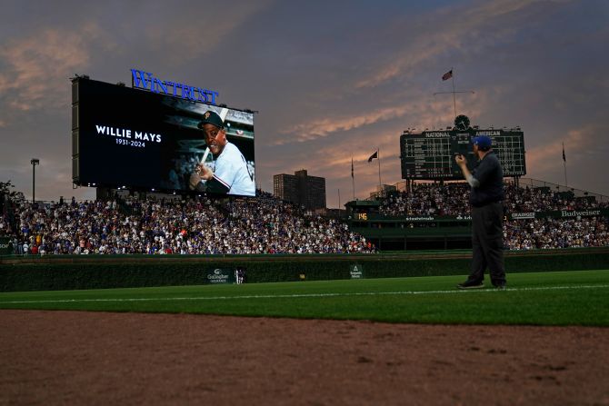 A photo of baseball great Willie Mays is displayed on the Wrigley Field video board in Chicago on Tuesday, June 18. Mays, a Hall of Famer who shined in all facets of the game and made a dramatic catch in the 1954 World Series, <a href=