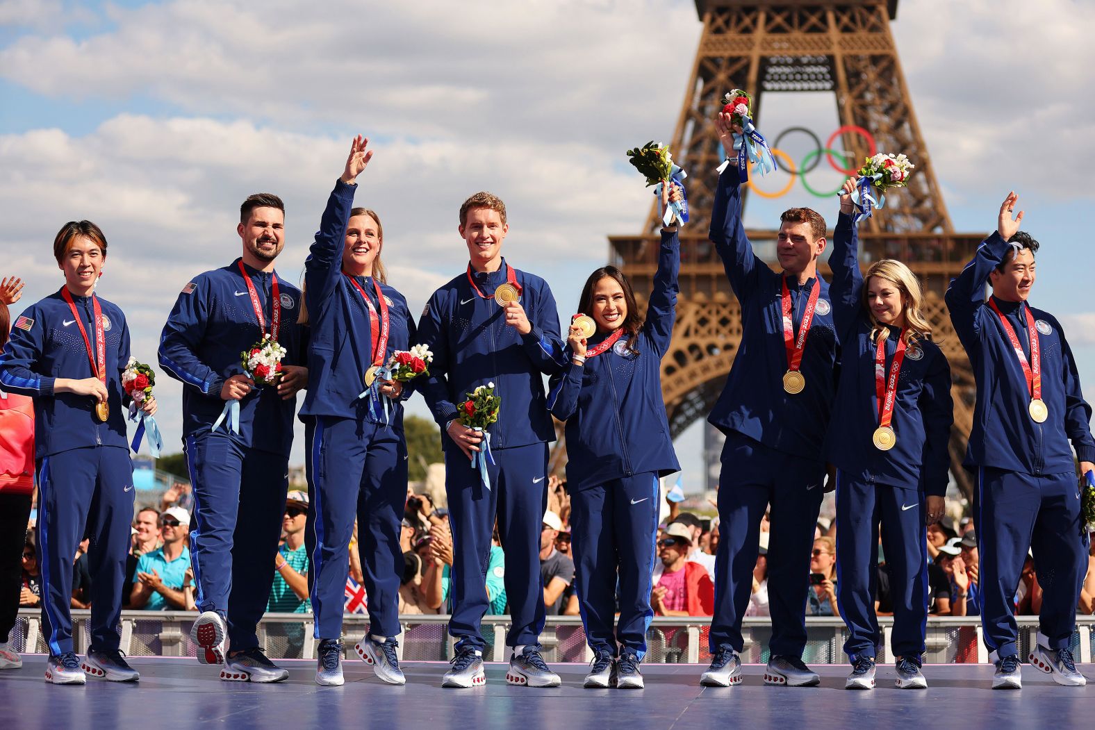 Members of the US Olympic figure skating team pose for a photo on August 7 after receiving gold medals for their performance in the 2022 Winter Games. <a >They were awarded gold</a> after a Russian skater tested positive for a performance-enhancing substance.