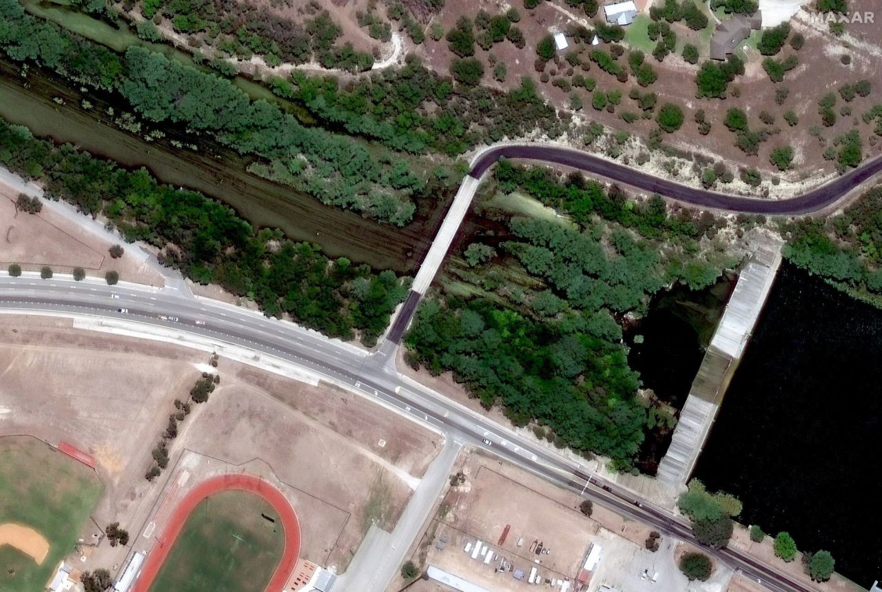 A satellite image of the Ingram Dam on the Guadalupe River on July 25, 2022.