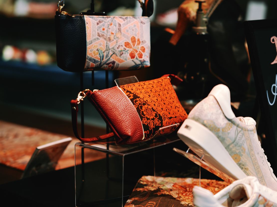 Tokyo Kimono Shoes also makes leather bags with kimono off-cuts.