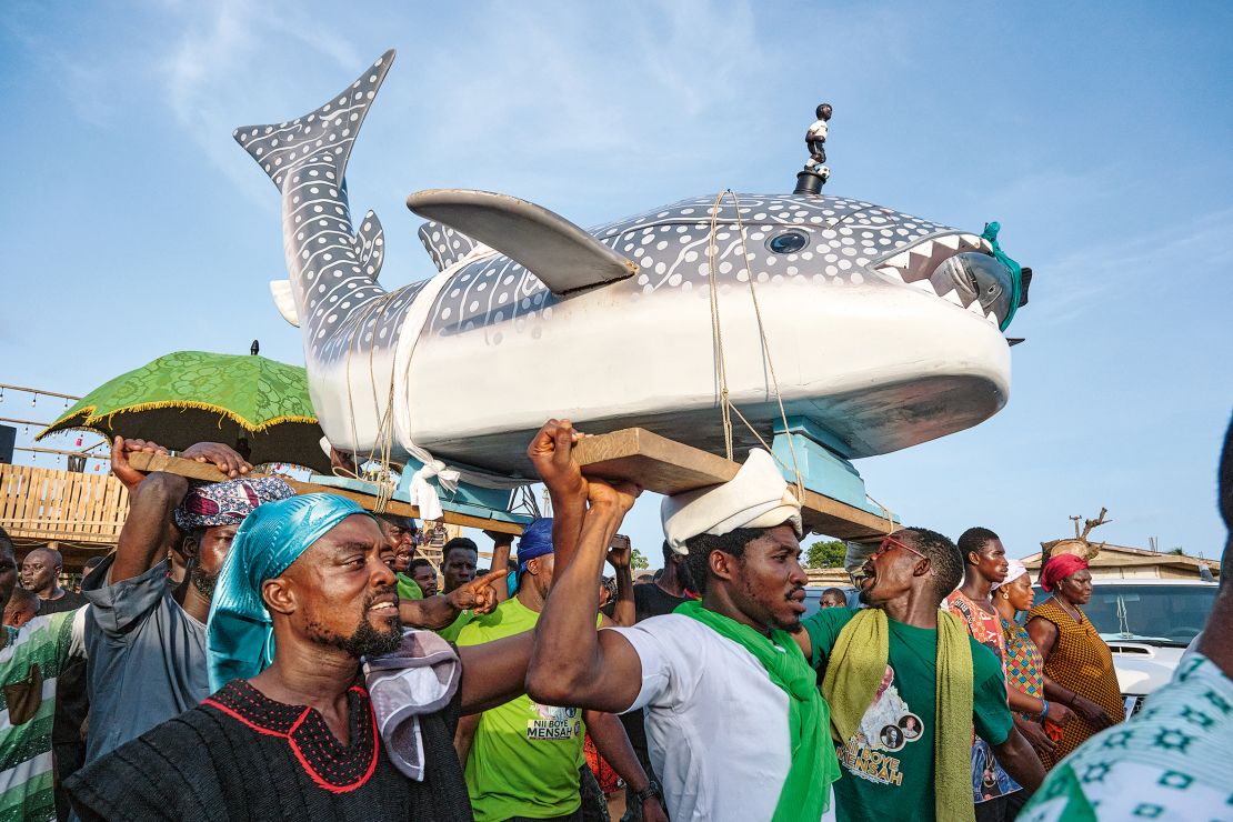 A whale shark coffin was made for a deceased chief in Greater Accra, 2024. The creature is an auspicious symbol, as it is considered to be the largest and strongest shark, according to the photographer.
