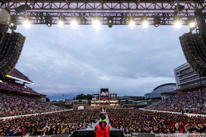 Kermit the Frog speaks during t<a  target="_top" href="/newspapers?url=https://www.cnn.com/2025/05/23/entertainment/kermit-the-frog-commencement-address">he University of Maryland's commencement ceremony</a> on Thursday, May 22. Kermit’s creator, Jim Henson, attended the school decades ago.