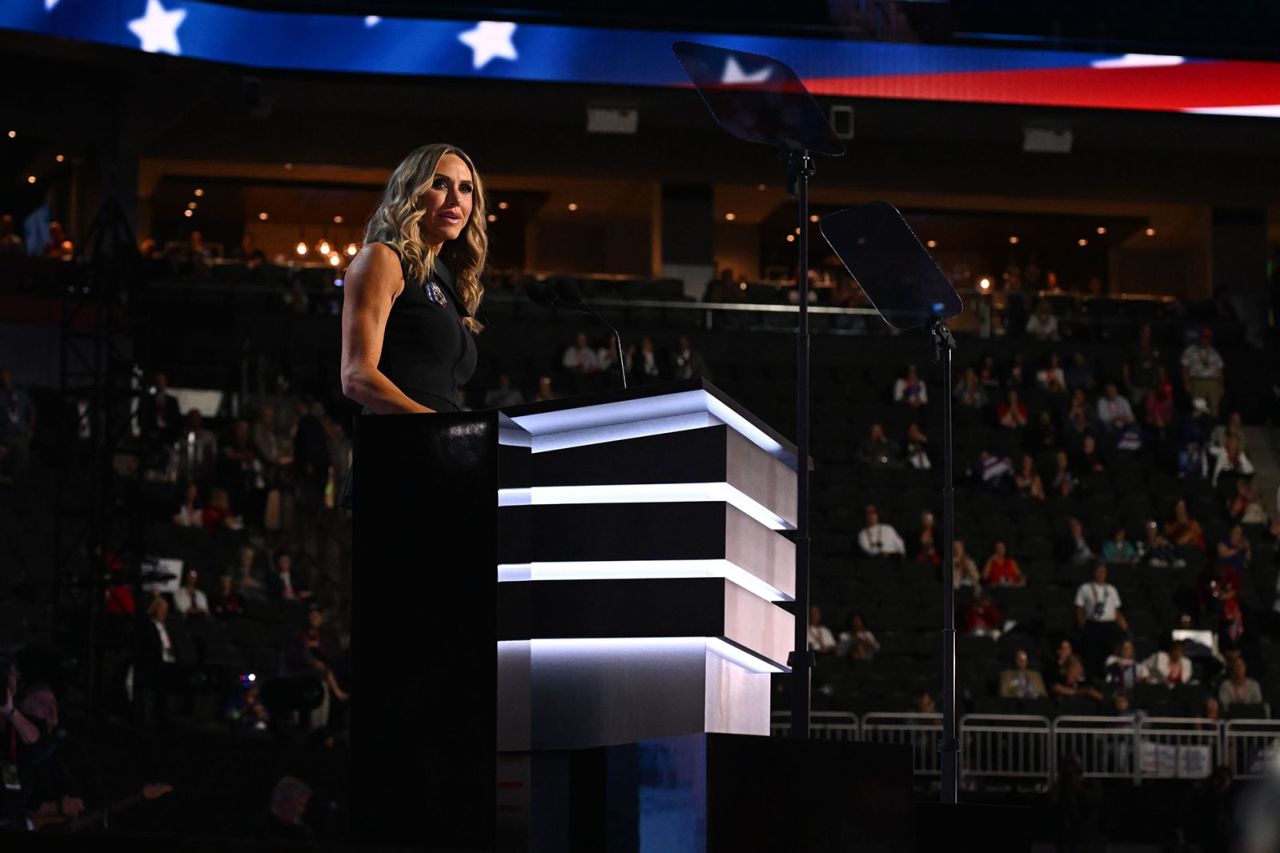 Co-chair of the Republican National Committee Lara Trump speaks during the second day of the  Republican National Convention in Milwaukee on Tuesday, July 16.