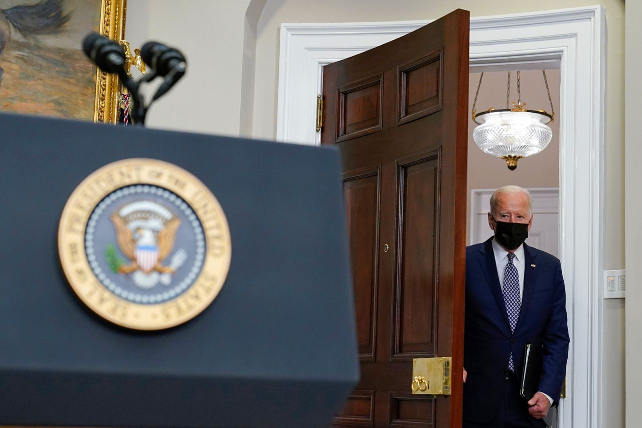 President Joe Biden arrives to speak about the situation in Afghanistan from the Roosevelt Room of the White House in Washington on Tuesday, August 24.