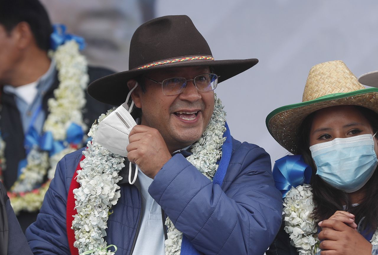 President-elect Luis Arce smiles during his victory party after a final official vote count released yesterday declared him the winner of the presidential election, in El Alto, Bolivia, on Saturday, October 24.