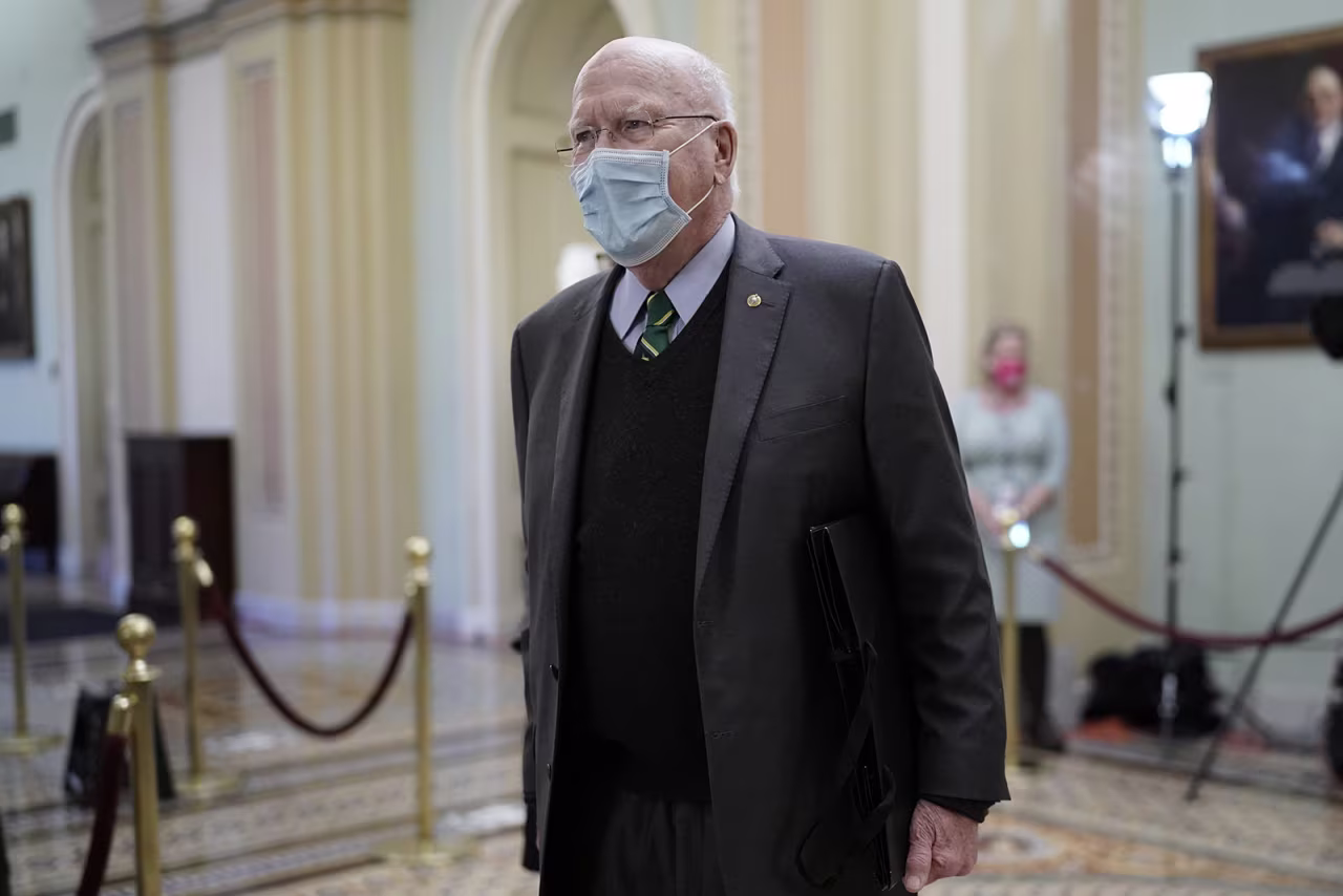 Sen. Patrick Leahy leaves the Senate Chamber after presiding over the second impeachment trial of former President Donald Trump, at the Capitol in Washington on Saturday, February 13.