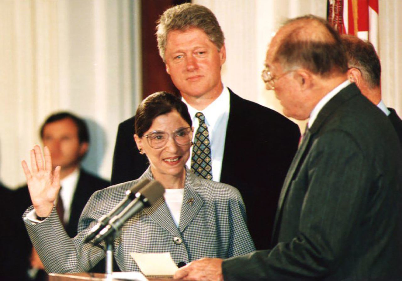 Chief Justice William Rehnquist, right, administers the oath of office to newly-appointed US Supreme Court Justice Ruth Bader Ginsburg on August 10, 1993. 