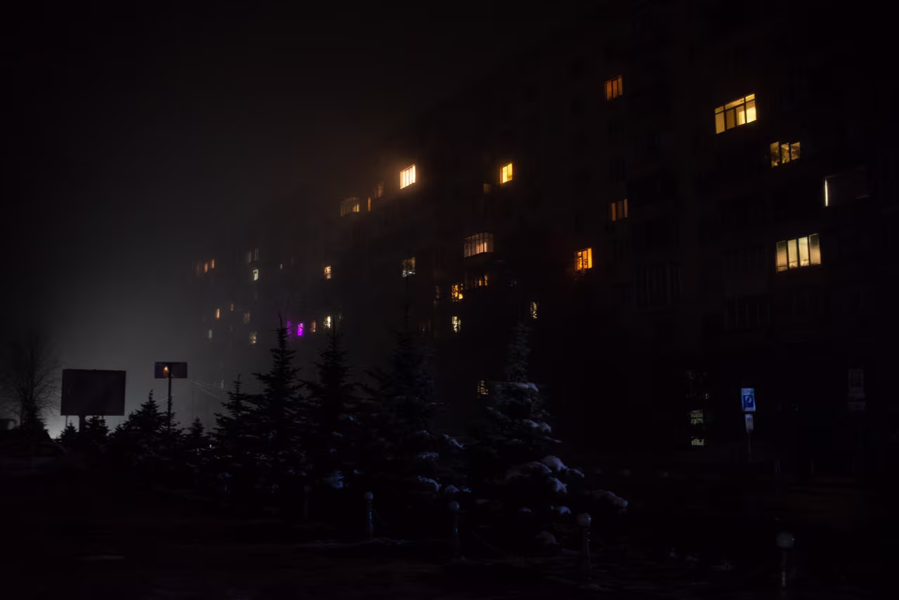 A view of dark streets as Kyiv faces power outages after Russia launched massive rocket attacks on Ukraine's infrastructure on November 24, in Kyiv, Ukraine.