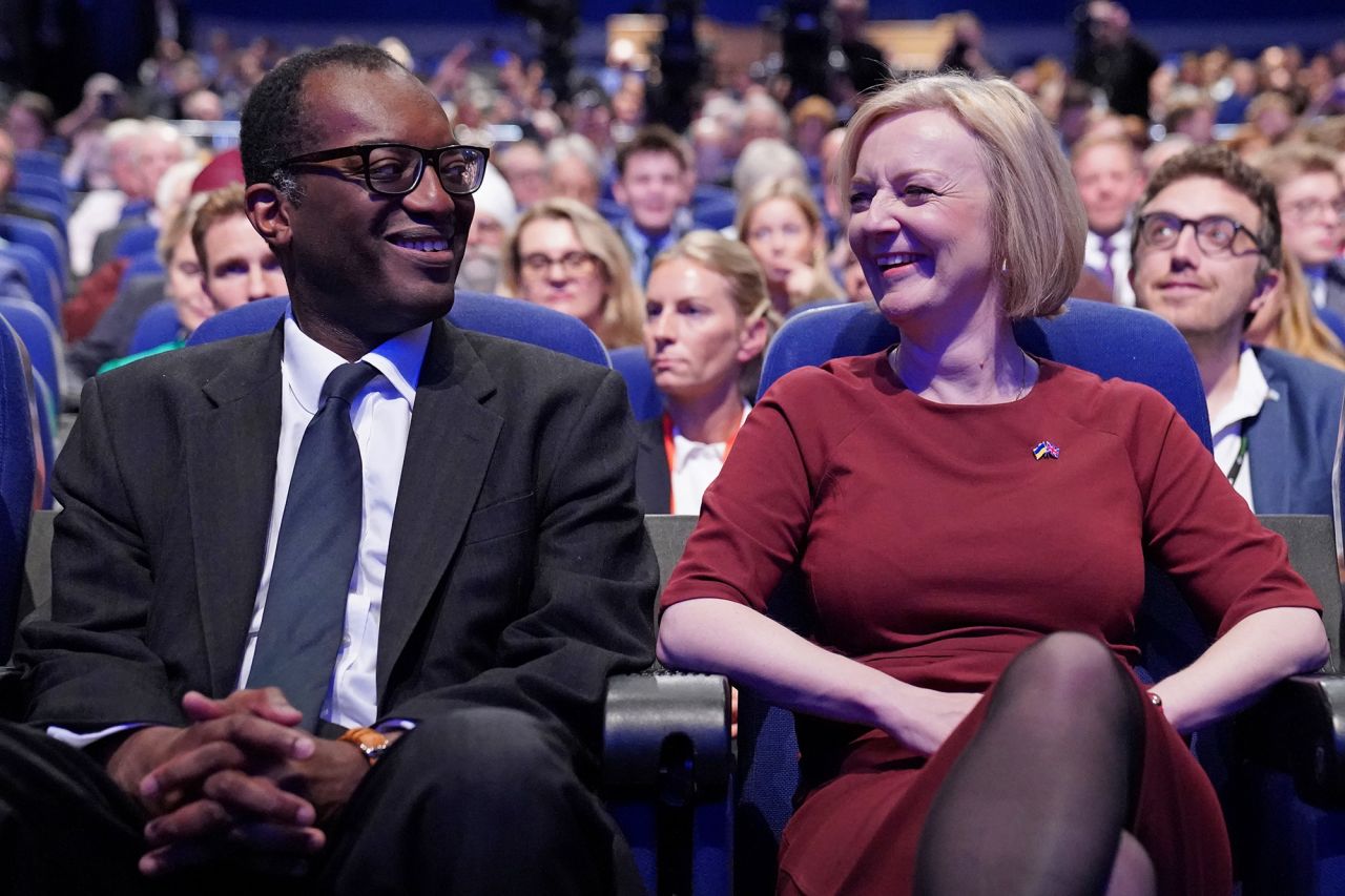 Chancellor of the Exchequer Kwasi Kwarteng, and Prime Minister Liz Truss during the Conservative Party annual conference at the International Convention Centre in Birmingham, England, on October 2.