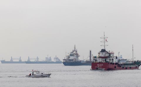 Commercial vessels, including vessels which are part of Black Sea grain deal, wait to pass the Bosphorus Strait off Istanbul, Turkey, on October 31.