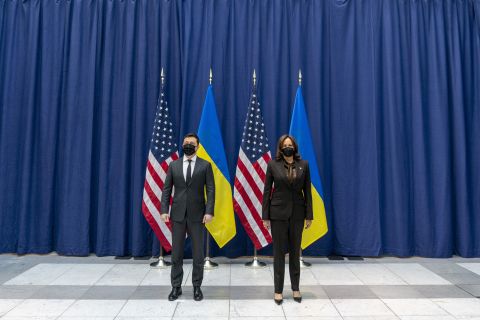 US Vice President Kamala Harris and Ukrainian President Volodymyr Zelensky pose for photographs during the Munich Security Conference, in Germany on February 19. 