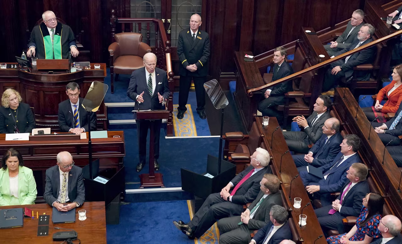 US President Joe Biden addresses the Irish Parliament at Leinster House, in Dublin, Ireland, on Thursday.