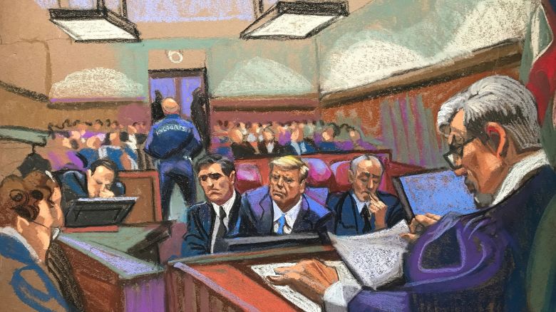 Former President Donald Trump sits in between his lawyers Todd Blanche, left, and Emil Bove, right, as Judge Juan Merchan begins proceedings during jury selection at Manhattan criminal court on Thursday, April 18, in New York.