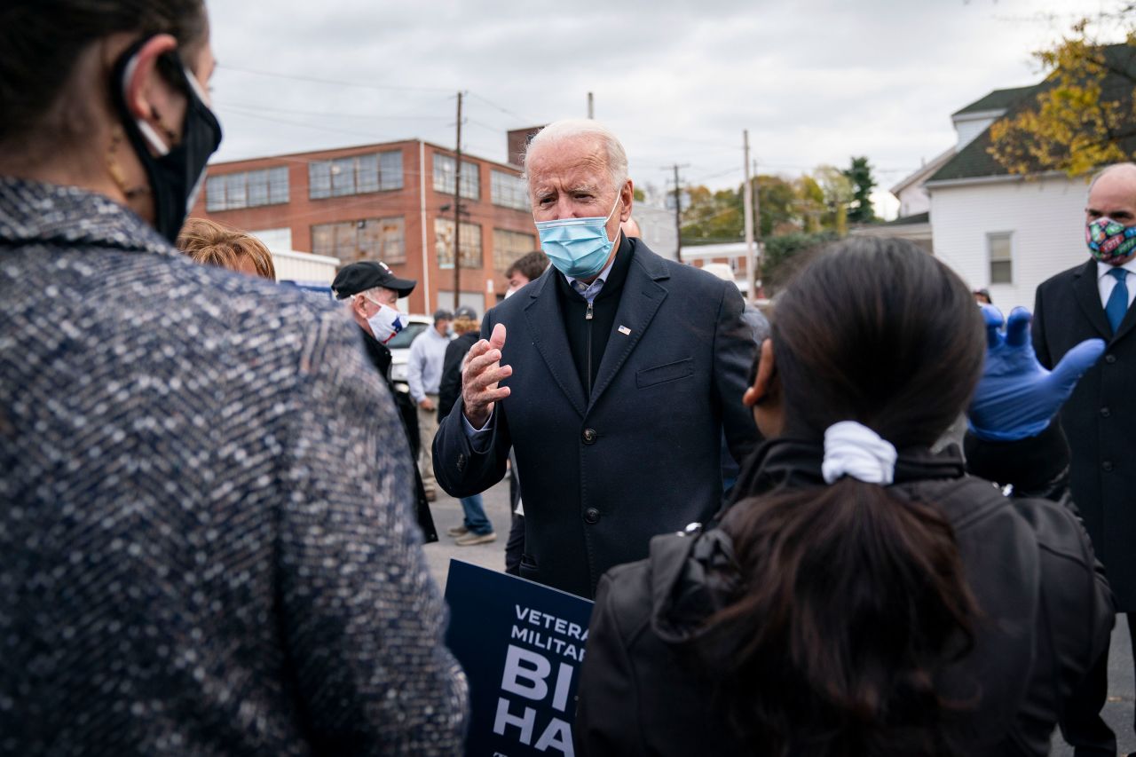 Democratic presidential candidate Joe Biden speaks to residents in his old hometown Scranton, Pennsylvania, on November 3.