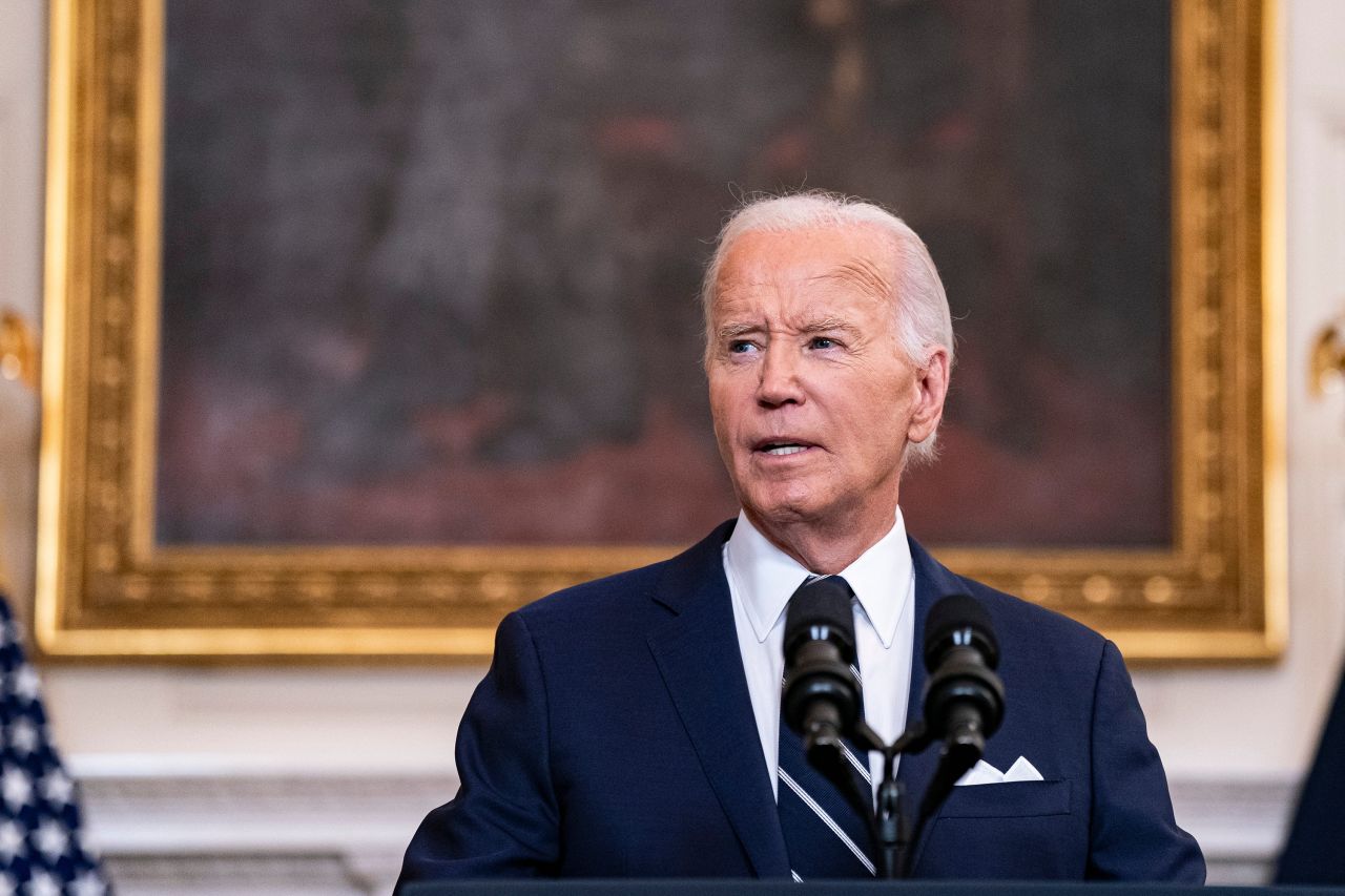 President Joe Biden speaks in the State Dining Room of the White House in Washington, DC, on August 1.